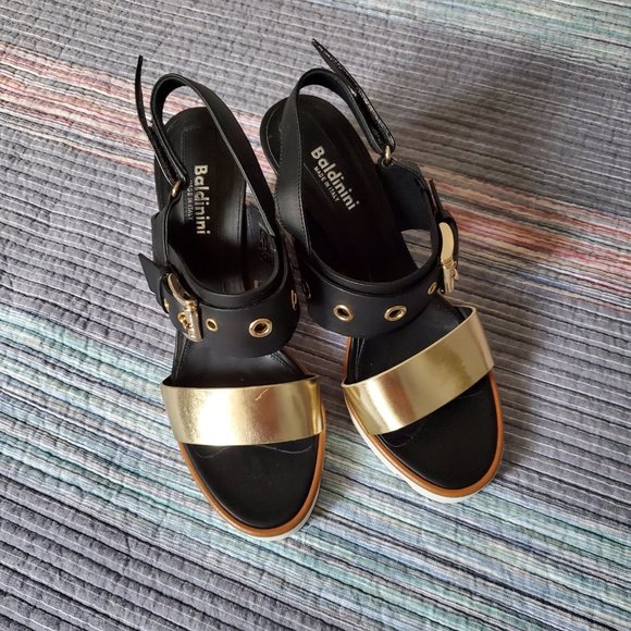 Baldinini | Black & Gold Wedge Sandals - Picture 5 of 6